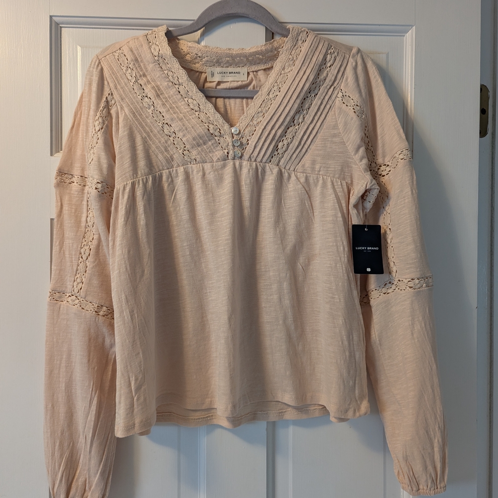 Lucky Brand Cream Smocked Ribbed Blouse